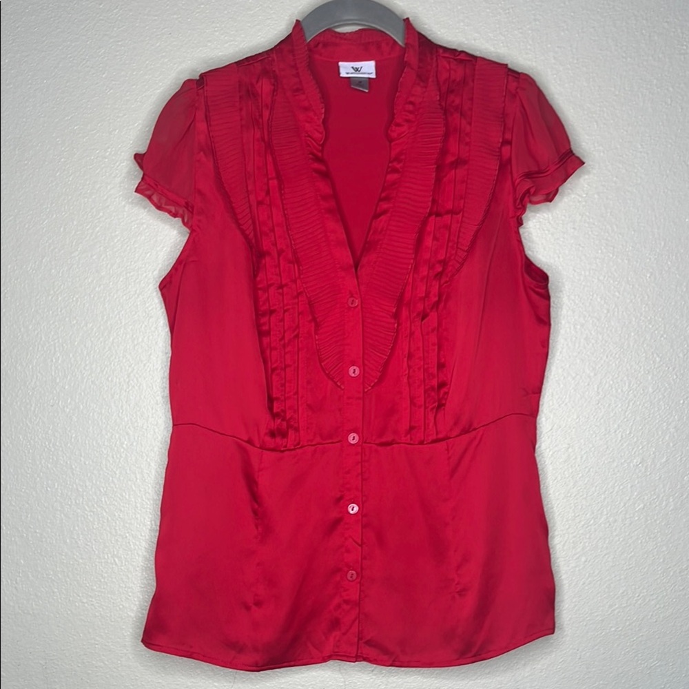 Worthington Red Ruffled‎ Buttoned Blouse Size M